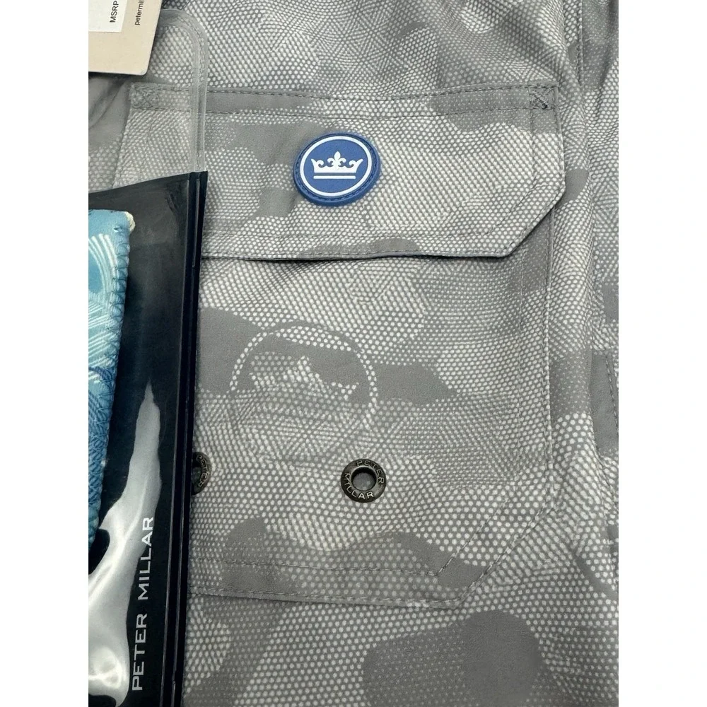 NWT Peter Millar Seaside Gray Camo & Logo Print Swim Trunks W/Koozie SMALL‎ $100